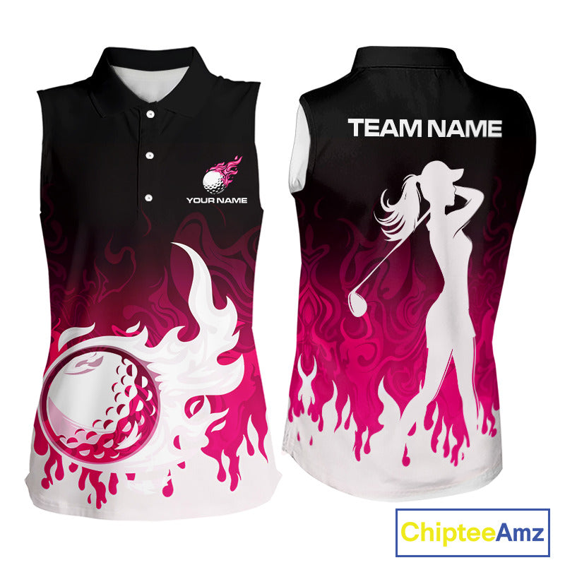 Pink Womens Sleeveless Golf Shirts Custom Name With Pink Flame Golf Ball Shirt For Women Personalized NHN0039