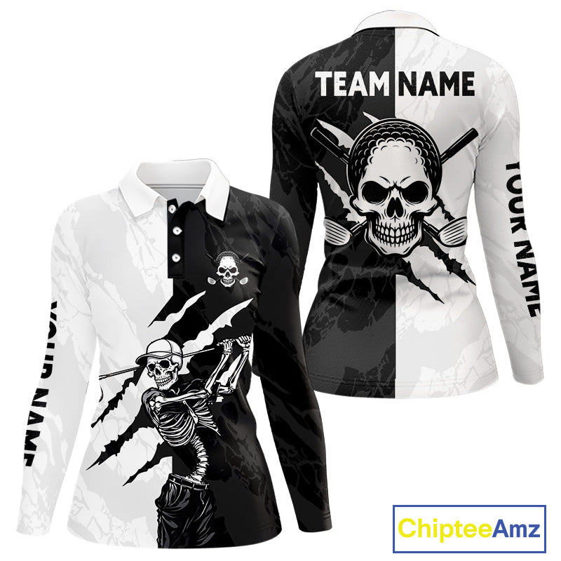 Black And White Funny Skull Golf Quarter Zip Golf Sweatshirt For Women Custom Skull Playing Golf Sweater NHN0047