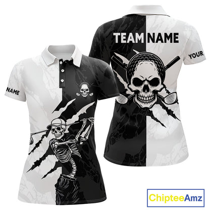 Funny Skull Golf Polo Shirts For Women Black And White Golf Camo Pattern Custom Skull Playing Golf Apparel NHN0047