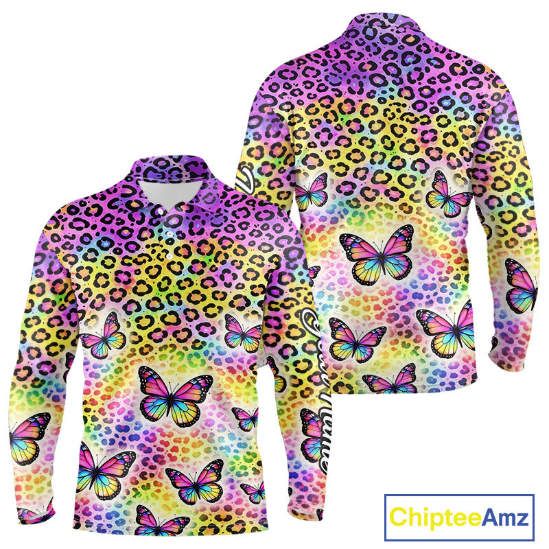 Long Slveeve Golf Polo Shirt Colorful Rainbow Leopard Print Pattern Custom Butterfly Team Golf Tops NHN0180