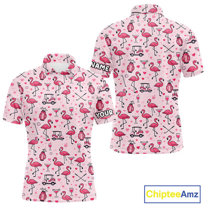 Funny Pink Flamingo Pattern Mens Golf Polo Shirt Custom Name Hawaiian Flamingo Golf Shirts NHN0191