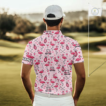 Load image into Gallery viewer, Funny Pink Flamingo Pattern Mens Golf Polo Shirt Custom Name Hawaiian Flamingo Golf Shirts NHN0191