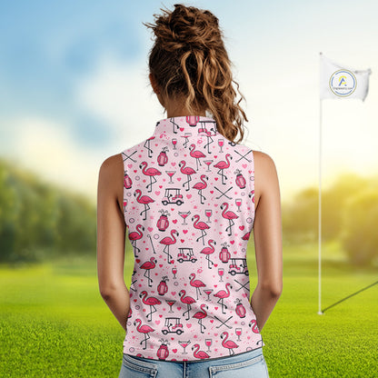 Funny Pink Flamingo Pattern Womens Sleeveless Golf Polo Shirt Custom Hawaiian Flamingo Golf Shirts NHN0191