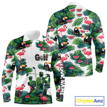 Load image into Gallery viewer, Funny Long Sleeve Golf Polo Shirt Custom Tropical Floral Pattern, Flamingo Golf Shirt For Men NHN0193