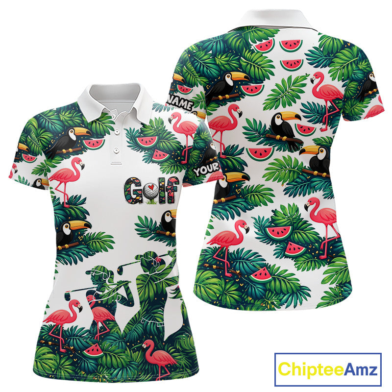 Funny Womens Golf Polo Shirt Custom Floral Tropical Pattern Flamingo Golf Shirts For Ladies NHN0193