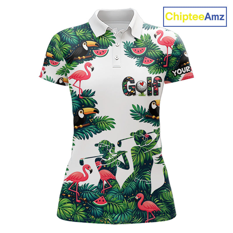 Funny Womens Golf Polo Shirt Custom Floral Tropical Pattern Flamingo Golf Shirts For Ladies NHN0193