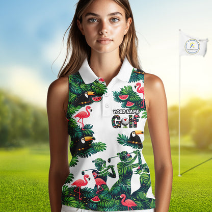 Funny Womens Sleeveless Golf Polo Shirt Custom Tropical Pattern, Flamingo Golf Shirt For Ladies NHN0193