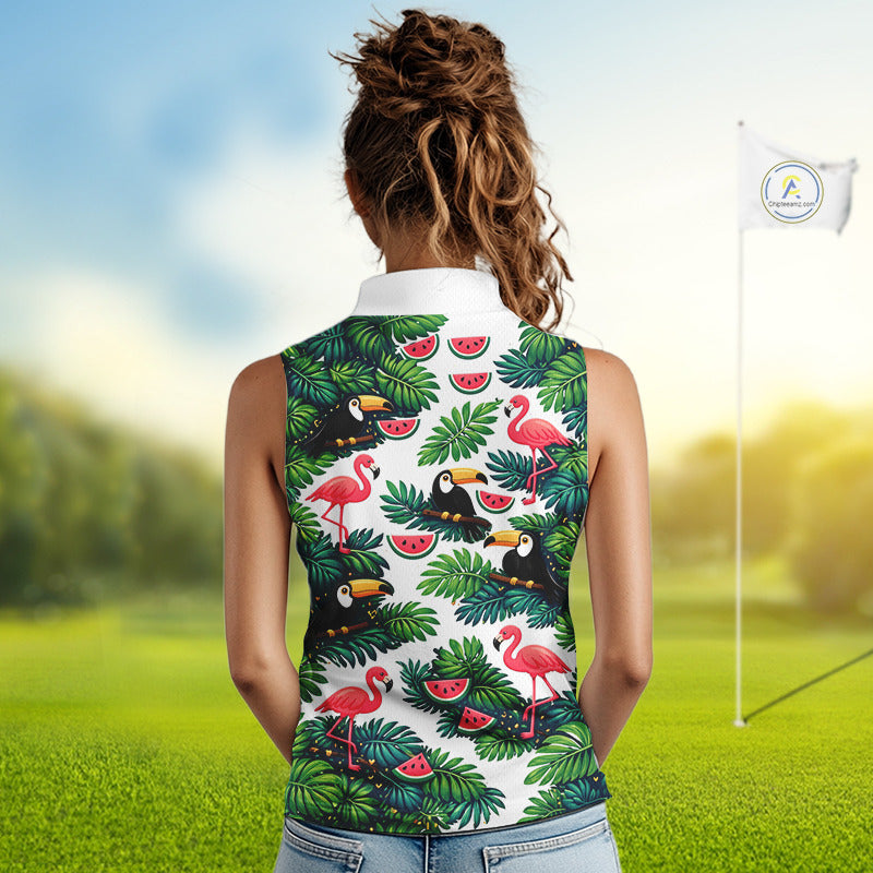 Funny Womens Sleeveless Golf Polo Shirt Custom Tropical Pattern, Flamingo Golf Shirt For Ladies NHN0193