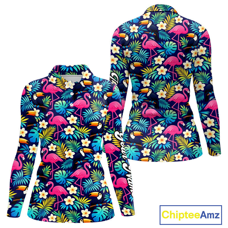 Womens Long Sleeve Golf Polo Shirt Flamingo Floral Pattern, Custom Colorful Tropical Team Golf Shirt NHN0194