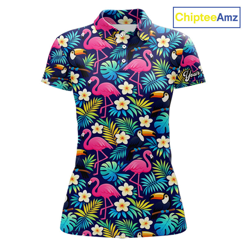 Womens Golf Polo Shirt Flamingo Floral Pattern, Colorful Tropical Leaves Custom Team Golf Shirt NHN0194