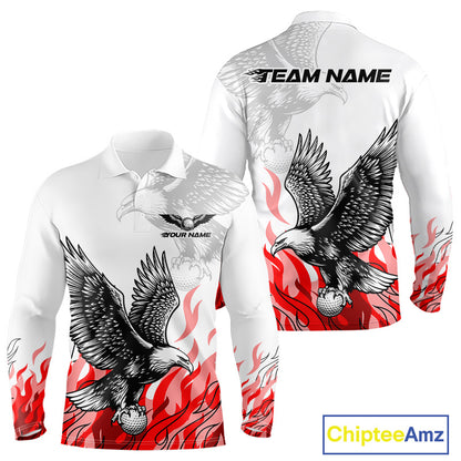 Long Sleeve Golf Polo Shirt Custom Eagle Red Flame Team Golf Tops, White Golf Outfit For Men NHN0070