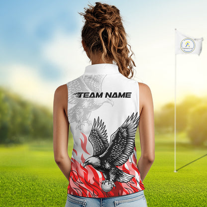 Womens Sleeveless Golf Polo Shirt Custom Eagle Red Flame Team Golf Tops, White Golf Outfit NHN0070
