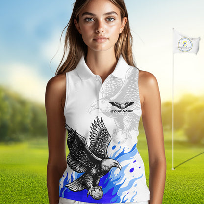 Womens Sleeveless Golf Polo Shirtt Custom Eagle Blue Flame Golf Tops, White Golf Outfit NHN0070