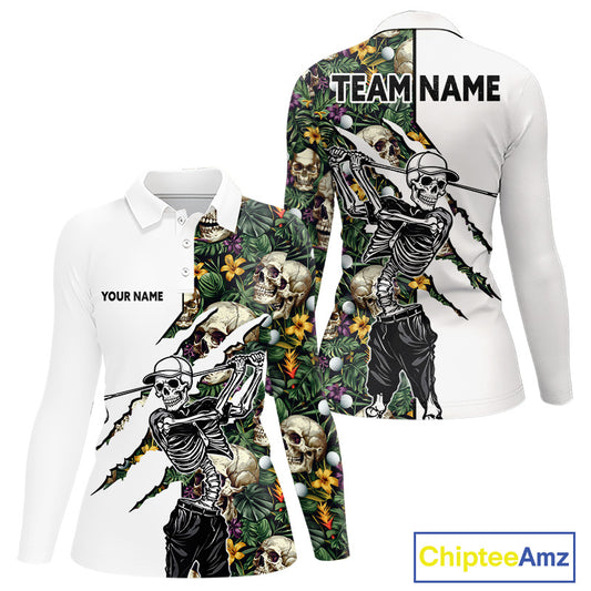Funny Long Sleeve Golf Polo Shirt For Women Custom Tropical Pattern Personalized Skull Golf Shirts NHN0047