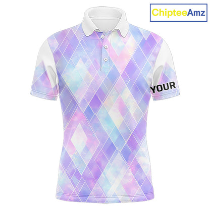 Violet And Blue Square Pattern Mens Golf Polo Shirt Custom Name Golf Tops For Men NHN0203