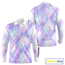 Load image into Gallery viewer, Violet And Blue Square Pattern Long Sleeve Golf Polo Shirt Custom Name Golf Tops For Men NHN0203