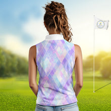 Load image into Gallery viewer, Violet And Blue Square Pattern Womens Sleeveless Golf Polo Shirt Custom Name Golf Tops For Ladies NHN0203