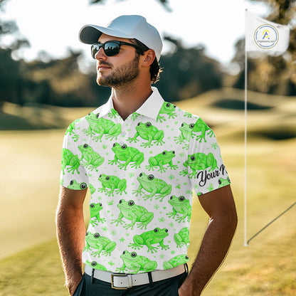 Funny Green Frog Pattern Mens Golf Polo Shirts Custom Golf Attire For Men, Golfer Gift NHN0134