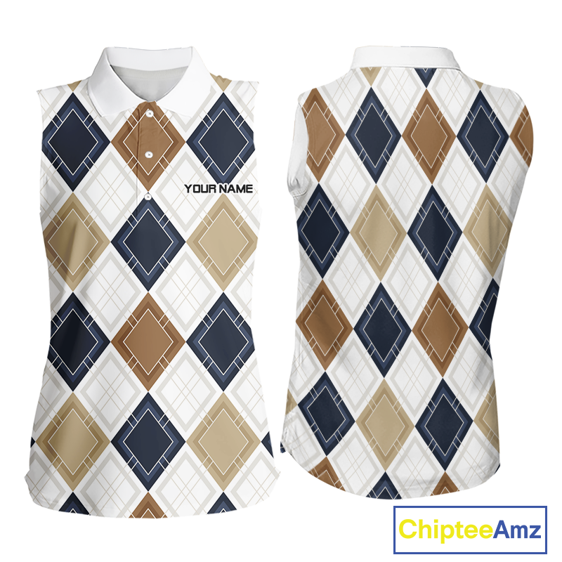 Plaid Womens Sleeveless Golf Polo Shirt Custom Retro Argyle Pattern Team Golf Tops, Vintage Golf Gift NHN0216