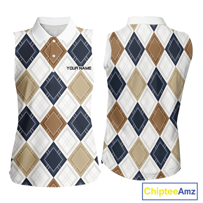 Plaid Womens Sleeveless Golf Polo Shirt Custom Retro Argyle Pattern Team Golf Tops, Vintage Golf Gift NHN0216