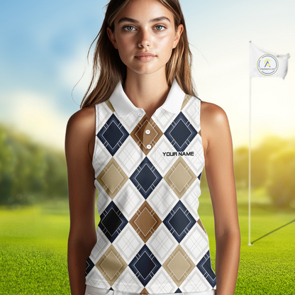 Plaid Womens Sleeveless Golf Polo Shirt Custom Retro Argyle Pattern Team Golf Tops, Vintage Golf Gift NHN0216
