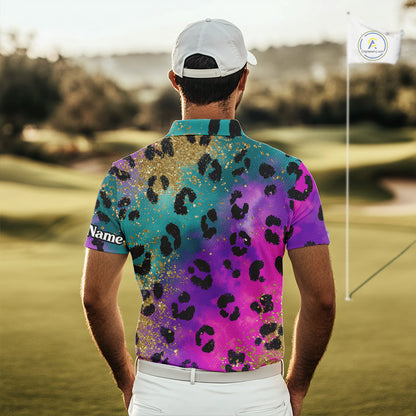 Leopard Mens Golf Polo Shirt Custom Colorful Neon Rainbow Leopard Pattern Team Golf Tops, Golf Gifts NHN0217