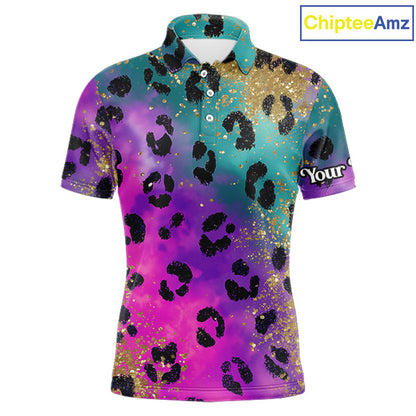 Leopard Mens Golf Polo Shirt Custom Colorful Neon Rainbow Leopard Pattern Team Golf Tops, Golf Gifts NHN0217