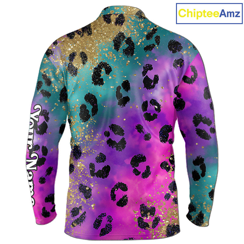 Long Sleeve Golf Polo Shirt Custom Colorful Neon Rainbow Leopard Pattern Team Golf Tops, Golf Gifts NHN0217
