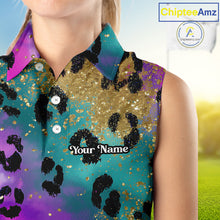 Load image into Gallery viewer, Womens Sleeveless Golf Polo Shirt Custom Colorful Neon Rainbow Leopard Pattern Team Golf Tops NHN0217