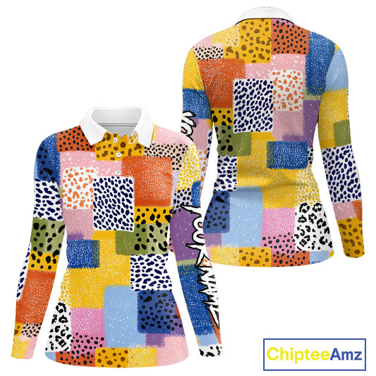 Funny Plaid Womens Long Sleeve Golf Polo Shirt Custom Colorful Leopard Square Pattern Team Golf Top NHN0218
