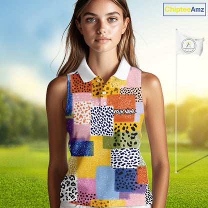 Funny Plaid Womens Sleeveless Golf Polo Shirt Custom Colorful Leopard Square Pattern Team Golf Top NHN0218