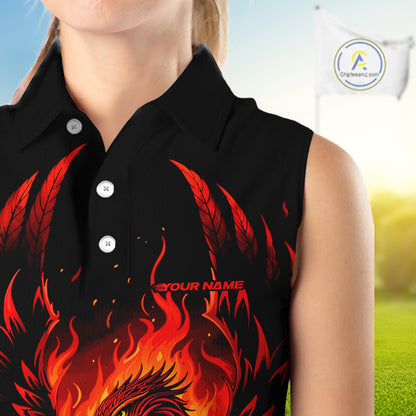 Womens Sleeveless Golf Polo Shirt Custom Phoenix Red Flame Team Golf Tops, Black Golf Outfit For Ladies NHN0084