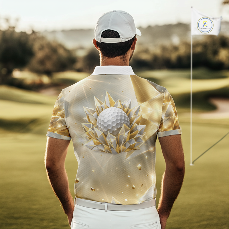 Mens Golf Polo Shirt Custom Gold Diamond Crystal Golf Ball Custom Name Golf Shirts For Team NHN0220