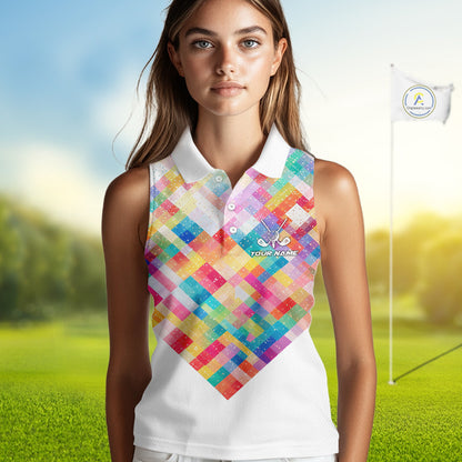 Geometric Pink Womens Sleeveless Golf Polo Shirt Custom Name Golf Shirts For Ladies, Golf Gifts NHN0089