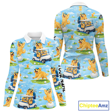 Load image into Gallery viewer, Womens Long Sleeve Golf Polo Shirt Custom Funny Golden Retriever Blue Team Golf Tops, Dog Lover Gift NHN0225