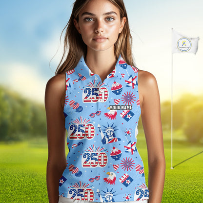 America 250th Anniversary Womens Sleeveless Golf Polo Shirt, Patriotic USA Golf Shirts, Golf Gift NHN0232