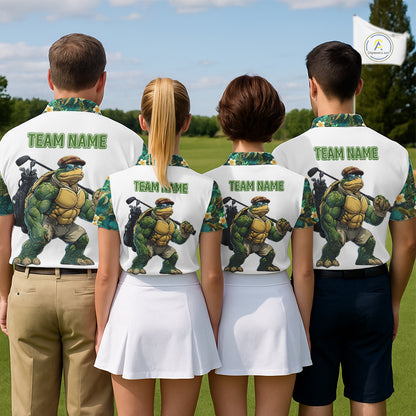 Funny Mens Golf Polo Shirt Custom Green Tropical Leaf Pattern Personalized Turtle Golf Shirts For Men NHN0003