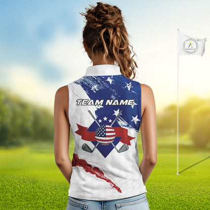 American Flag Womens Sleeveless Golf Polo Shirts Custom Name Patriotic Team Golf Shirt NHN0008
