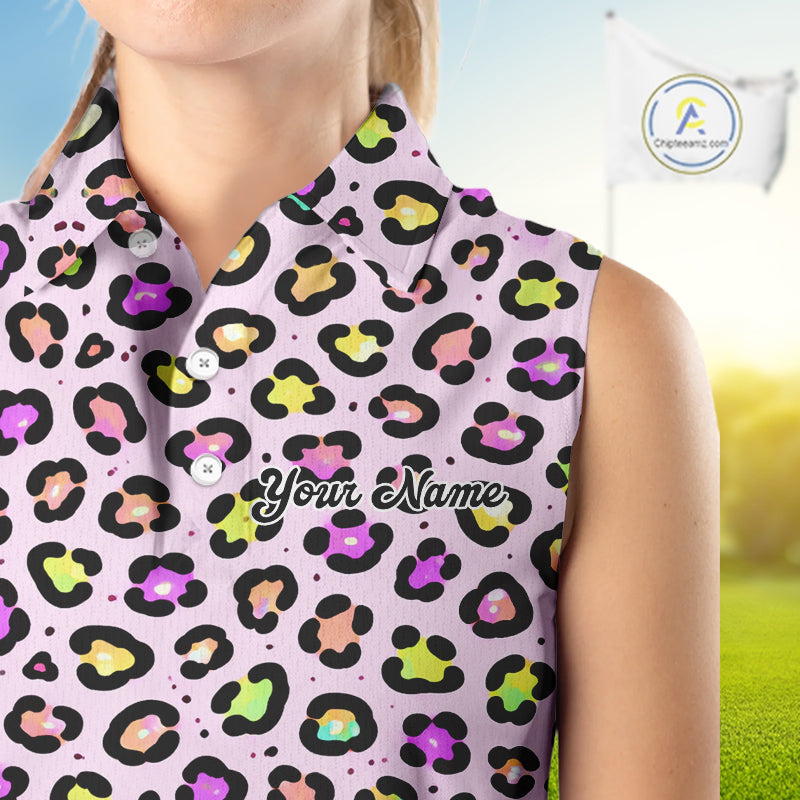 Funny Flamingo Womens Sleeveless Golf Polo Shirt Custom Colorful Neon Rainbow Leopard Team Golf Polo NHN0155