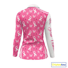 Load image into Gallery viewer, Pink Ribbon Womens Long Sleeve Golf Polo Shirt Custom Butterfly Breast Cancer Awareness Ladies Golf Top NHN0175
