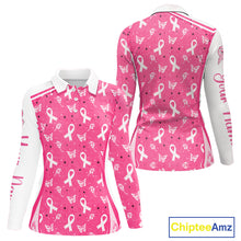Load image into Gallery viewer, Pink Ribbon Womens Long Sleeve Golf Polo Shirt Custom Butterfly Breast Cancer Awareness Ladies Golf Top NHN0175