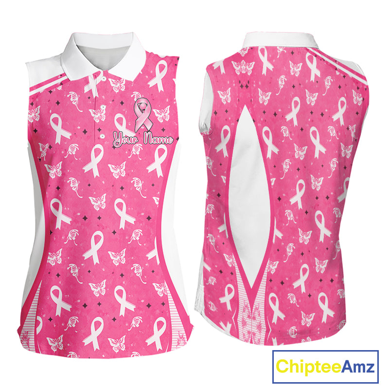 Pink Ribbon Womens Sleeveless Golf Polo Shirt Custom Butterfly Breast Cancer Awareness Ladies Golf Top NHN0175