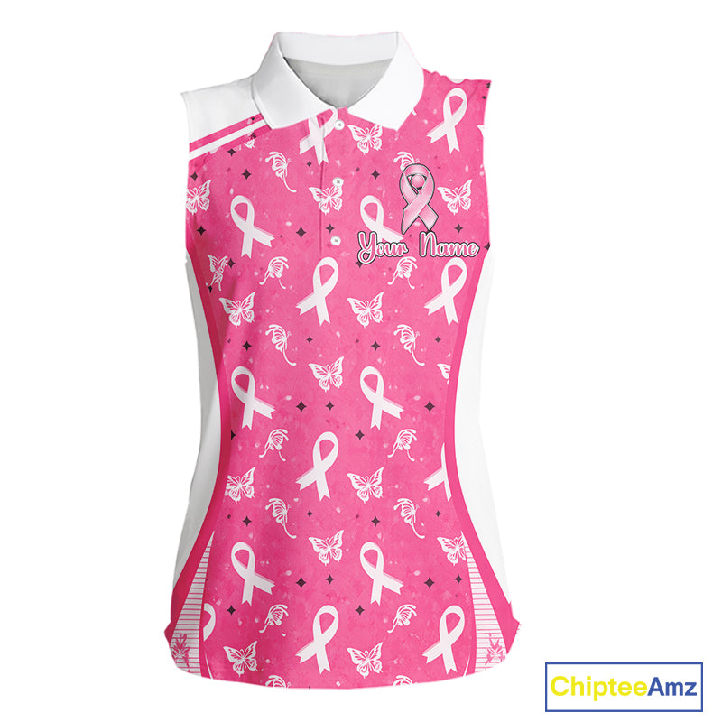 Pink Ribbon Womens Sleeveless Golf Polo Shirt Custom Butterfly Breast Cancer Awareness Ladies Golf Top NHN0175