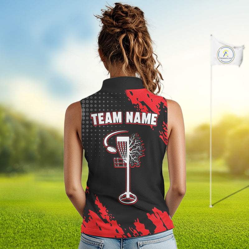 Skull Womens Sleeveless Disc Golf Polo Shirt Custom Name Black And Red Disc Golf Basket Golf Shirts NHN0049