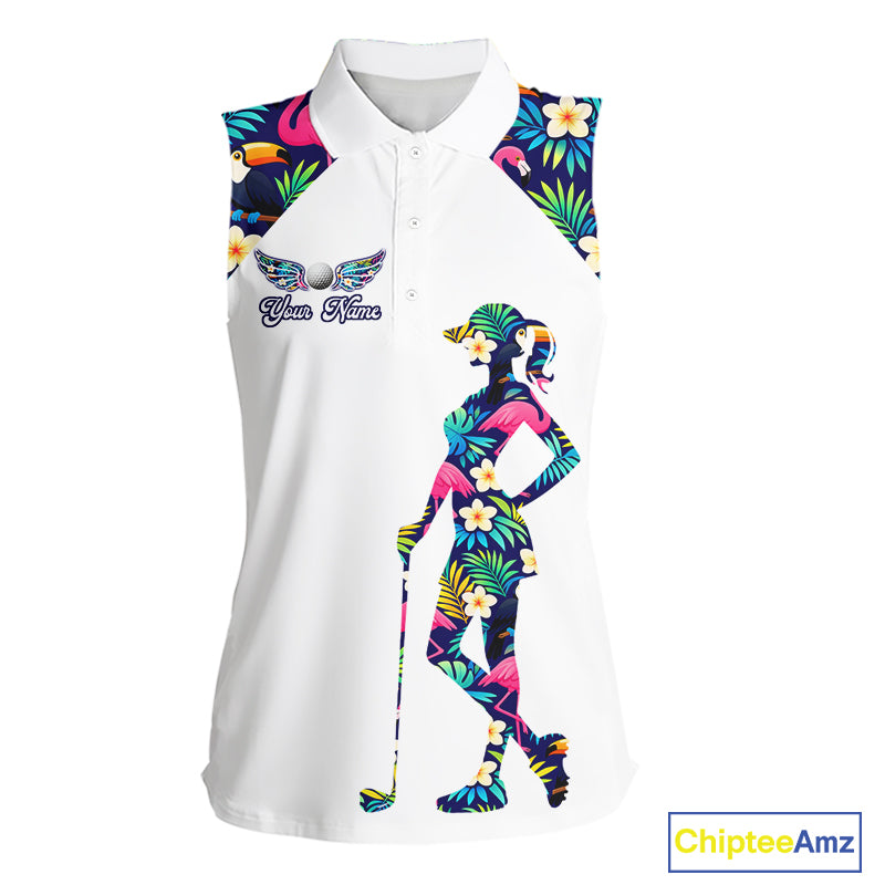Funny Womens Sleeveless Golf Polo Shirt Custom Tropical Pattern, Flamingo Golf Shirts For Ladies NHN0099