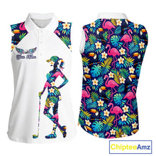 Load image into Gallery viewer, Funny Womens Sleeveless Golf Polo Shirt Custom Tropical Pattern, Flamingo Golf Shirts For Ladies NHN0099