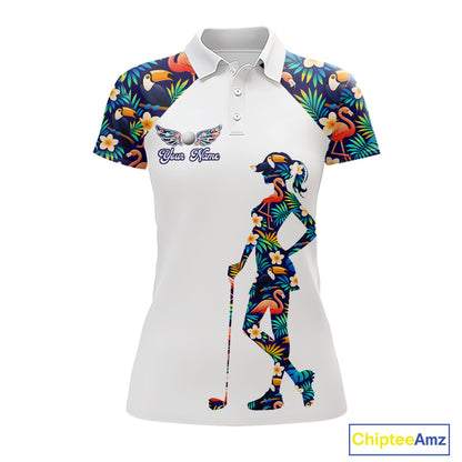Funny Womens Golf Polo Shirt Custom Toucan Tropical Pattern, Flamingo Golf Shirts For LadiesNHN0099