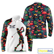 Load image into Gallery viewer, Funny Long Sleeve Golf Polo Shirt Custom Floral Tropical Pattern, Flamingo Golf Shirts For Men NHN0099