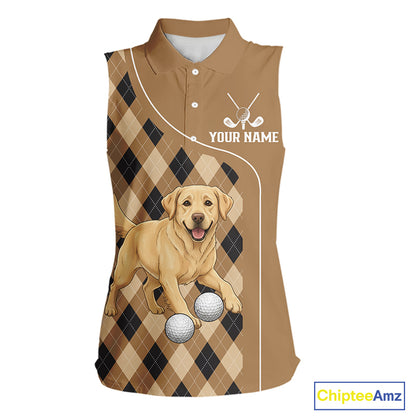 Funny Golden Retriever Womens Sleeveless Golf Polo Shirt Custom Argyle Plaid Pattern Team Golf Tops NHN0197