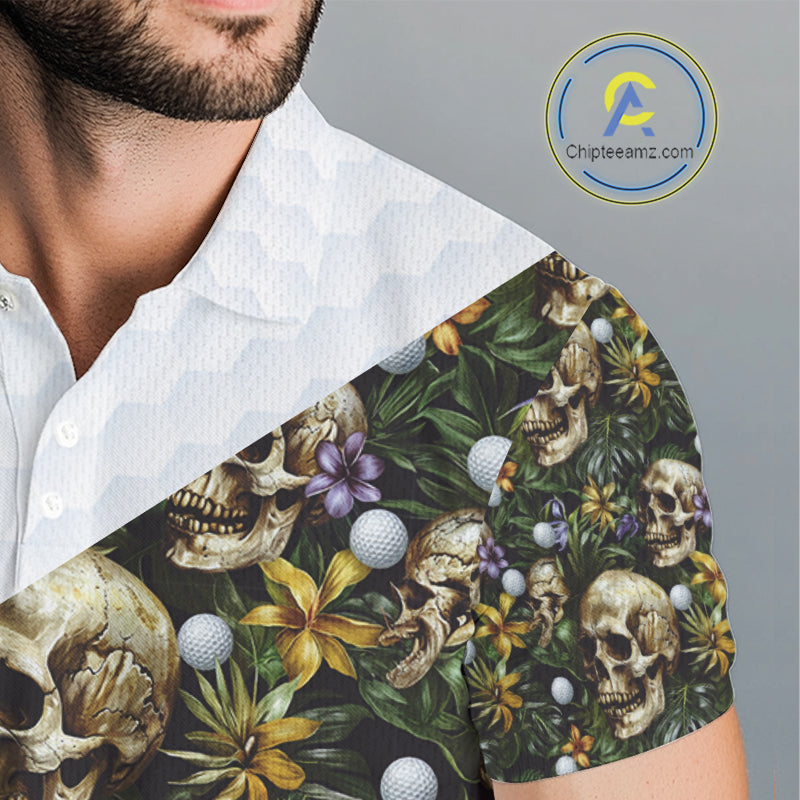 Funny Mens Golf Polo Shirts Custom Green Tropical Leaf Pattern Personalized Skull Golf Shirts For Men NHN0071